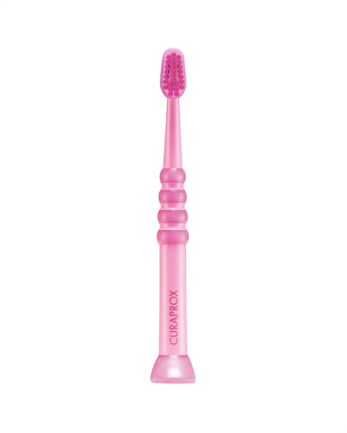 Curaprox baby toothbrush with ultra-soft bristles, small head, and non-slip handle, suitable for first teeth.