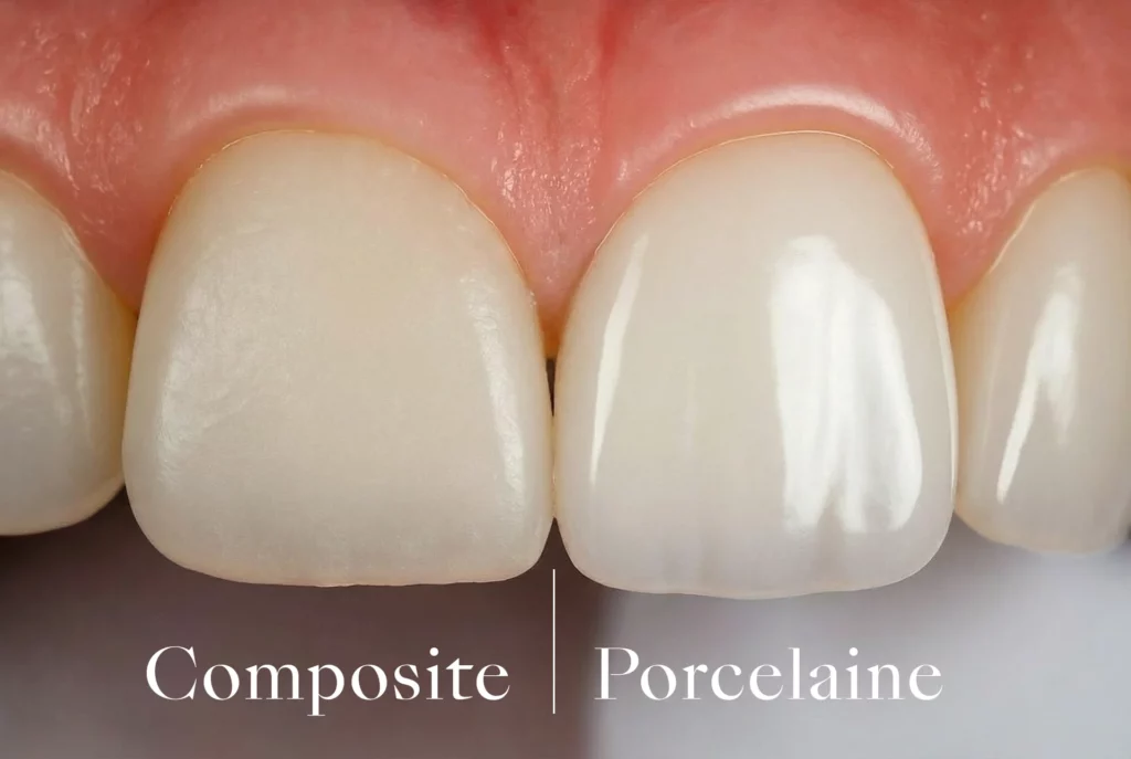Comparaison entre une facette en céramique (gauche) et une facette en composite (droite) sur un modèle dentaire