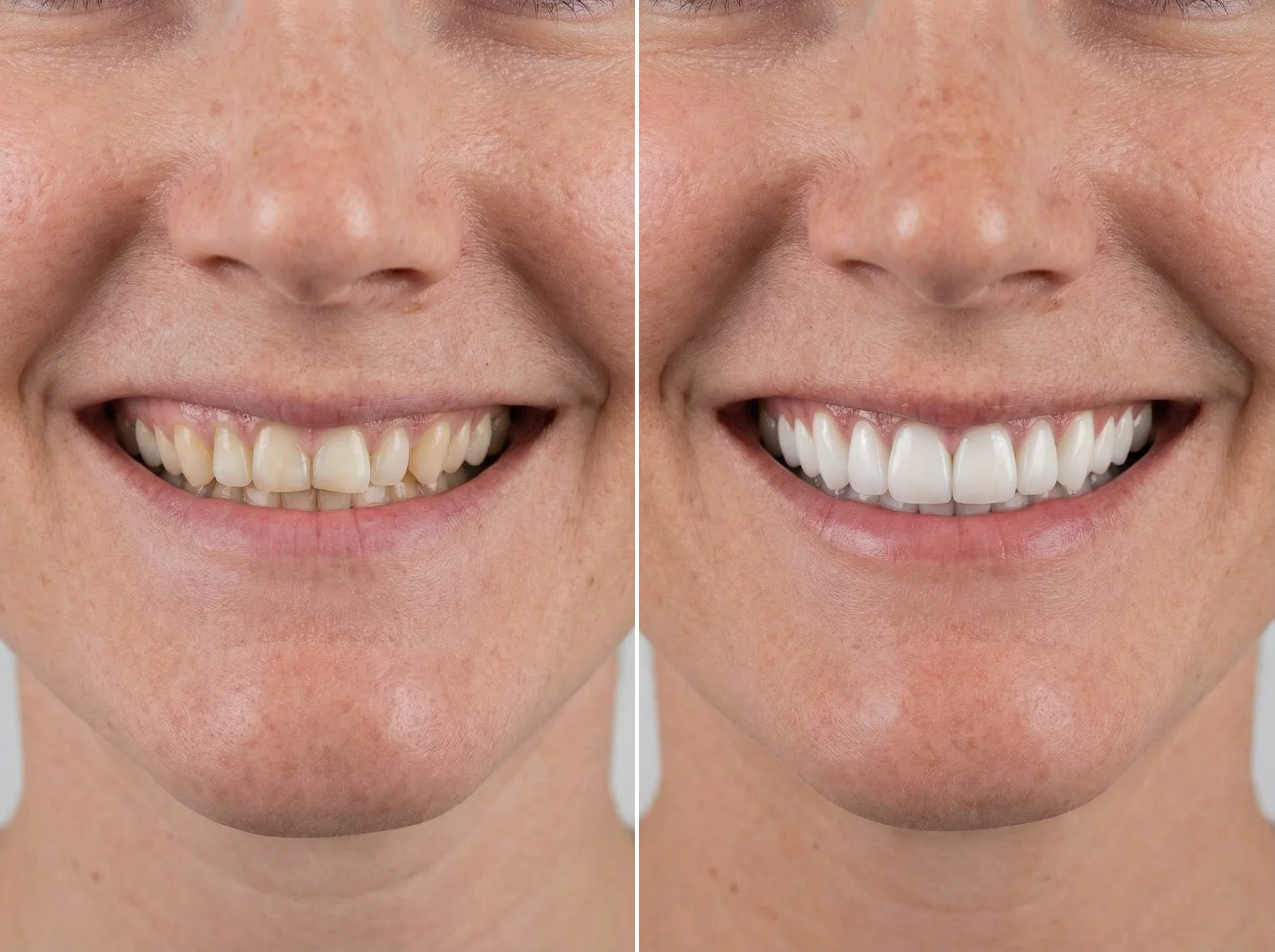 Avant et après facettes dentaires chez Dental Geneva à Genève : dents tachées transformées en sourire uniforme