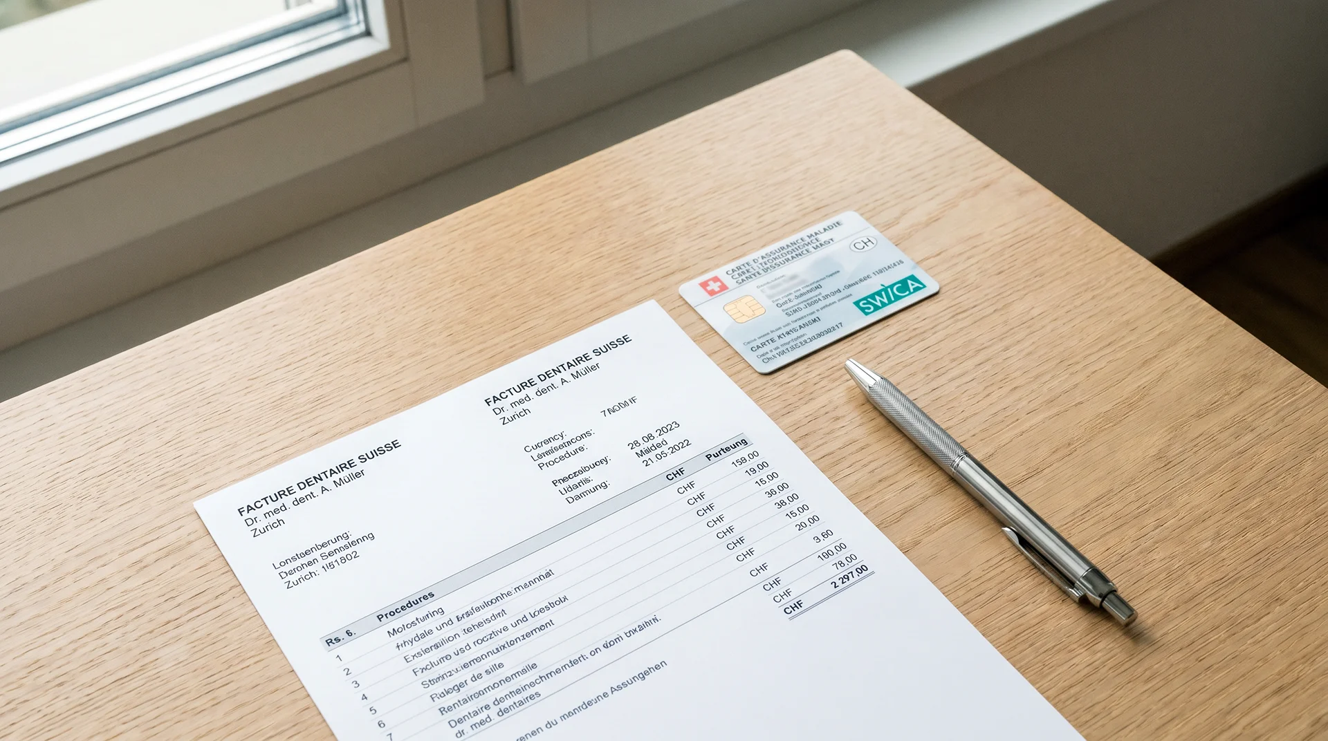 Remboursement des soins dentaires en Suisse : facture dentaire posée près d'une carte d'assurance maladie suisse.