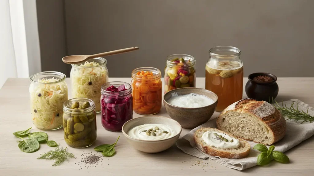 Fiber-rich foods and fermented products that promote a balanced oral microbiome.